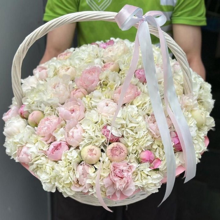 Премиум корзина гортензий и пионов в Калининграде